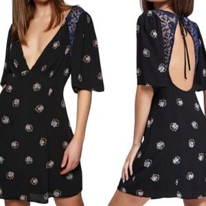NWT Free People Mockingbird Embroidered Mesh Inset Minidress Black XS